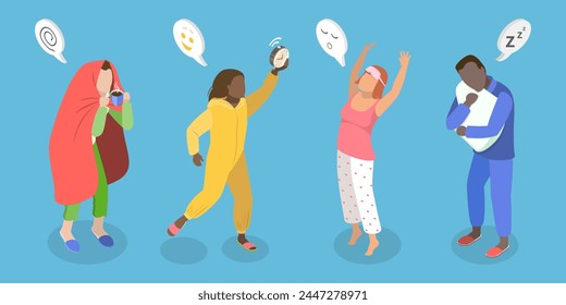 3D Isometric Flat Vector Set of People In Pajamas, Daily Morning Life