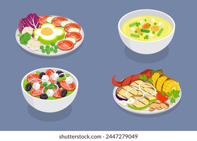 3D Isometric Flat Vector Set of Vegetarian Dishes, Fresh, Natural and Healthy Food