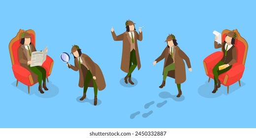 3D Isometric Flat Vector Set of Funny Detective Characters, Investigating Agency