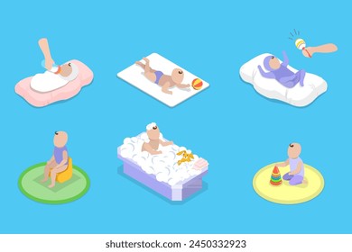 3D Isometric Flat Vector Set of BabyBorn Care Routine, Motherhood and Childhood