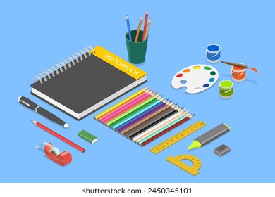 3D Isometric Flat Vector Set of Various Sketching Tools, Art Supplies