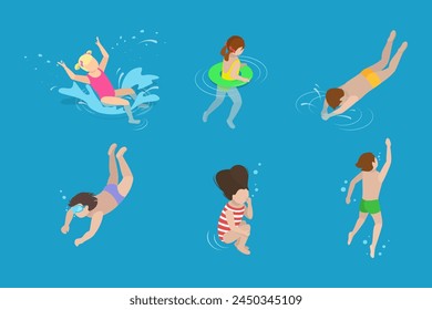 3D Isometric Flat Vector Set of Children Snorkeling, Kids Swimming Lessons