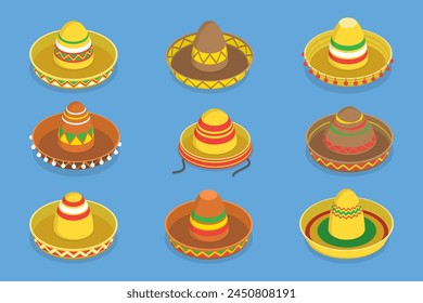 3D Isometric Flat Vector Set of Mexican Hats, Traditional Costume Elements