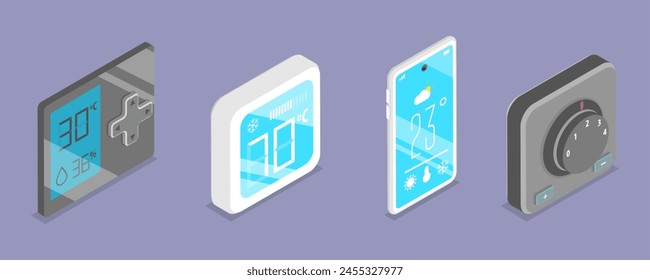 3D Isometric Flat Vector Set of Smart Home Heating And Cooling, Thermostat Collection