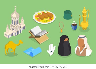 3D Isometric Flat Vector Set of Islamic Religion Items, Traditional Attributes of Arab Culture