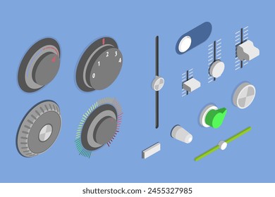 3D Isometric Flat Vector Set of Audio Mixer Dials, Radio Knobs