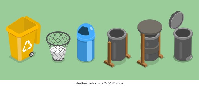 3D Isometric Flat Vector Set of Trash Bins, Garbage Containers