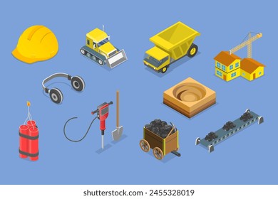 Conjunto de Vector plano isométrico 3D de Elementos de minería , profesión de la industria de extracción