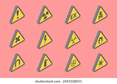 3D Isometric Flat Vector Set of Warning Signs, Safety and Caution Tags