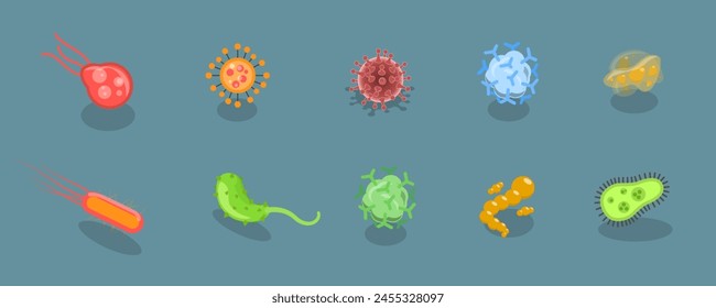 3D Isometric Flat Vector Set of Viruses And Microbes, Bacterial Infection Microorganisms