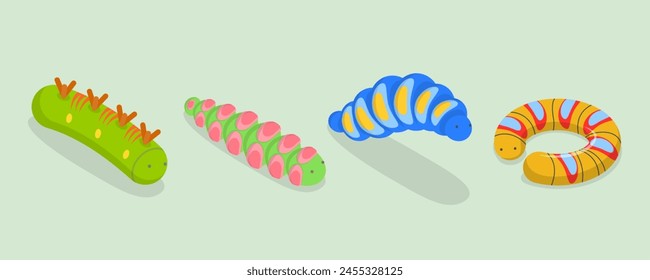 3D Isometric Flat Vector Set of Caterpillars, Spring Insects