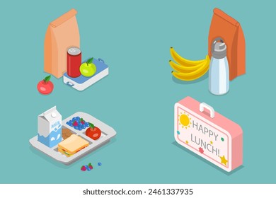 3D Isometric Flat Vector Set of School Lunch Boxes, Kids Snacks