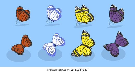 Conjunto de Vector plano isométrico 3D de mariposas, insectos voladores tropicales