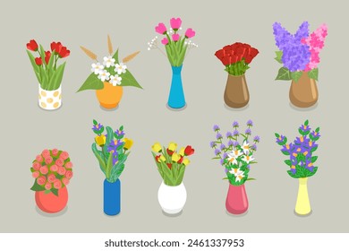 3D Isometric Flat Vector Set of Flower Bouquets , Florist Composition