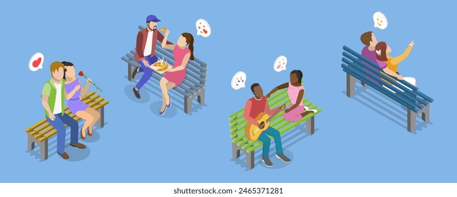 3D Isometric Flat Vector Set of Romantic Couples, Lovers Talking on a Bench