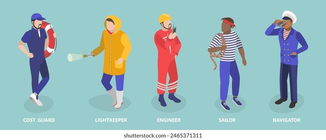 3D Isometric Flat Vector Set of Maritime Professions, Seacrew Characters