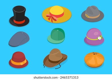 Conjunto de sombreros de Vector plano isométrico 3D, sombreros, accesorios de vestir