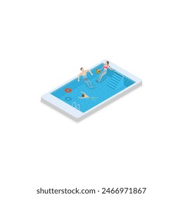 Conjunto de Vector plano isométrico 3D de nadadores de piscina, actividades acuáticas. Tema 8