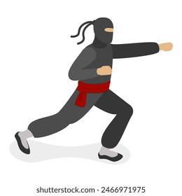 3D Isometric Flat Vector Set of Ninja Warriors, Fighting Poses. Item 4