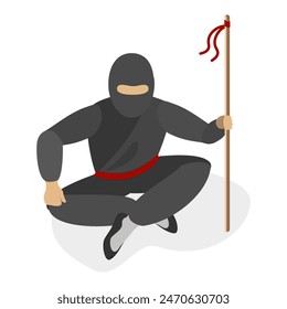 3D Isometric Flat Vector Set of Ninja Warriors, Fighting Poses. Item 6