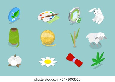 3D Isometric Flat Vector Set of Eco Fabric Material, Different Types or Product