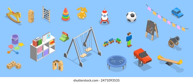 3D Isometric Flat Vector Set of Kindergarten, Classroom of Nursery School