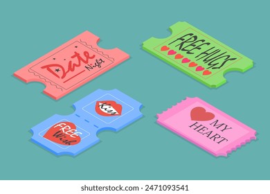 Image vectorielle Isométrique à plat 3D Ensemble d'Bon de réduction d'Amour, Billets de Retro Vintage