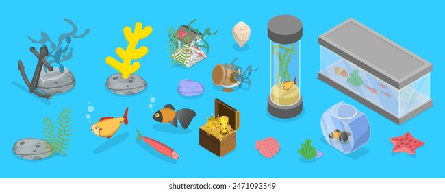 3D Isometric Flat Vector Set of Aquariums, Beautiful Fish Tanks