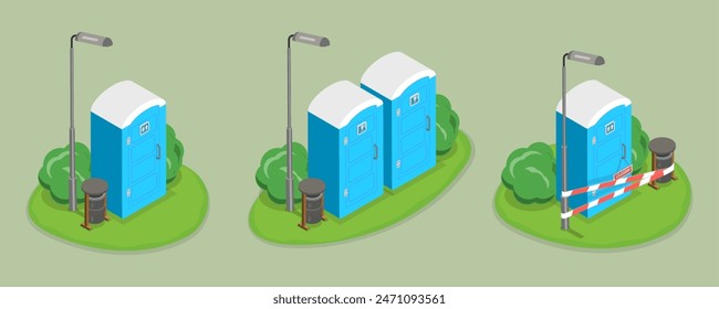 3D Isometric Flat Vector Set of Portable Toilets, Public Convenience Facilities