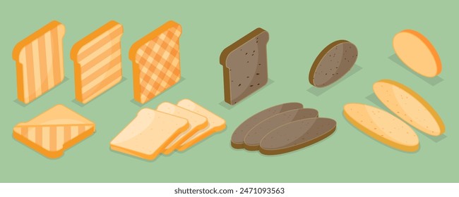 3D Isometric Flat Vector Set of Breakfast Toasted Bread, Baked Bread Products