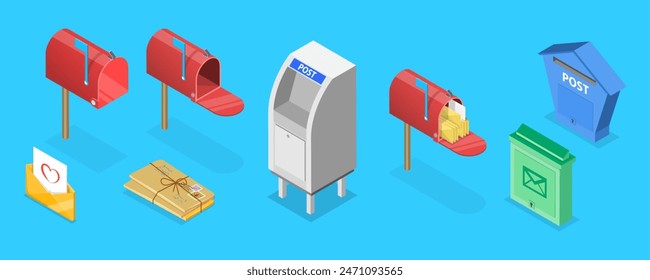 3D Isometric Flat Vector Set of Mailboxes, Post Elements