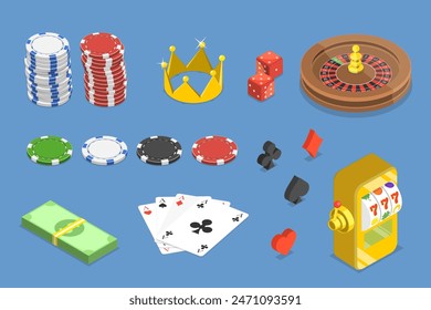 Juego de Vector plano isométrico 3D de Elementos de casino, ruleta de casino, juego de cartas o dados