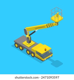 3D Isometric Flat Vector Set of Modern Truck-mounted, Installation Work at Height