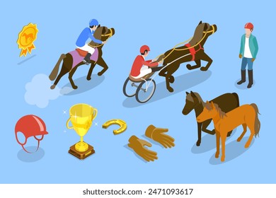 3D Isometric Flat Vector Set of Equestrian Elements, Horse Riding