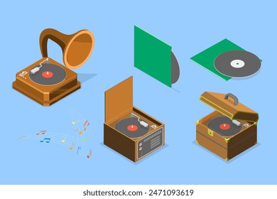 3D Isometric Flat Vector Set of Vintage Gramophones, Retro Music Equipment