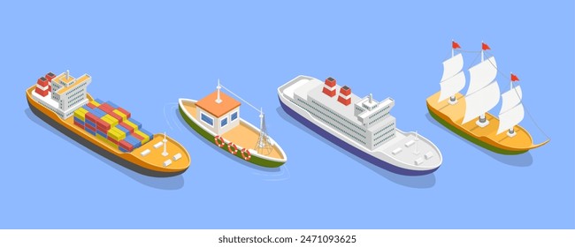 3D Isometric Flat Vector Set of Maritime Ships, Water Transportation Boats