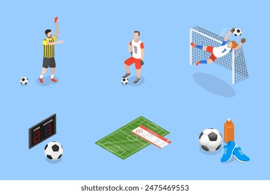 3D Isometric Flat Vector Set of Soccer Elements and Players, Team Sports