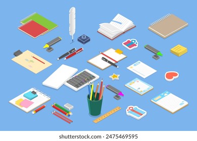 3D Isometric Flat Vector Set of Sketching, Various Tools for Hand Drawing