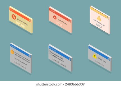 3D Isometric Flat Vector Set of Retro Error Messages, Throwback to the 90s Interface. A Nostalgic Retro User Experience.