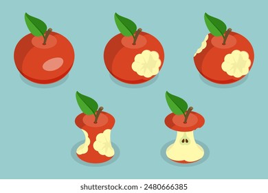 3D Isometric Flat Vector Set of Bitten Apple, Bite Progression