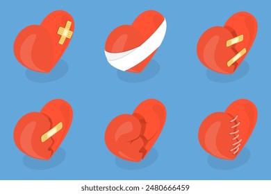 3D Isometric Flat Vector Set of Broken Hearts, Three-dimensional shattered love symbols