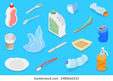 3D Isometric Flat Vector Set of Plastic Waste, Environmental Pollution