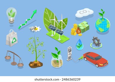 3D Isometric Flat Vector Set of Sustainable Investment Elements, Ethical Business, Green and Environmental Goals