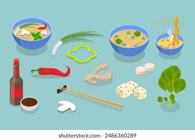 3D Isometric Flat Vector Set of Vegan Ramen, Asian Cuisine