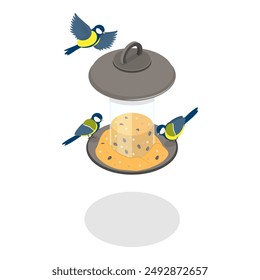 3D Isometric Flat Vector Set of Bird Feeders, Backyard Birdhouse with Seeds. Item 3