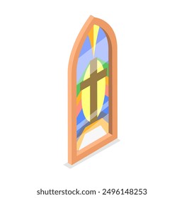 3D Isometric Flat Vector Set of Church Stained Arched Windows , Different Styles and Drawing. Item 1