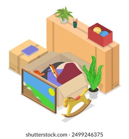 3D Isometric Flat Vector Set of Stuff For Moving, Boxes Packed with Belongings. Item 1