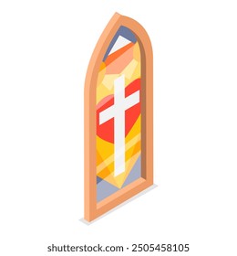 3D Isometric Flat Vector Set of Church Stained Arched Windows , Different Styles and Drawing. Item 4