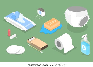 3D Isometric Flat Vector Set of Hygiene Product, Personal Cleanliness and Body Care Supplies