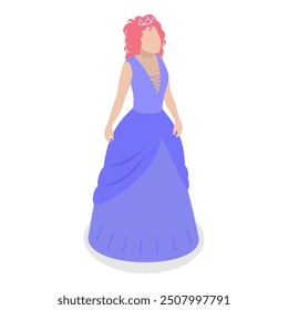 3D Isometric Flat Vector Set of Princess Characters, Beautiful Girlish Dress. Item 1